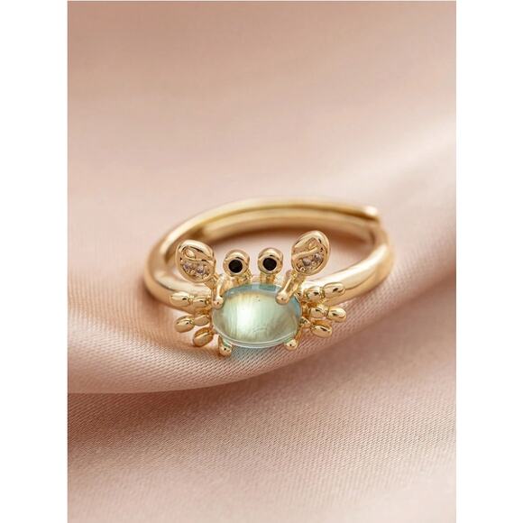 Gold Crab Ring with Blue Oval Gemstone–Adjustable Animal Design Crystal Accents - Picture 7 of 8